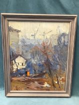 C Armanov, Russian School, oil on board, townscape with houses, figures and construction cranes,