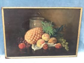 FW Reaveley, oil on canvas, still life with fruit and a stoneware jar, signed, dated 1926 and gilt