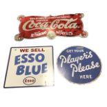 Three enamelled advertising signs - Coca Cola - 34in, Esso Blue - 18in, and Players Please - 17.