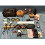 Miscellaneous collectors items - six treen boxes, three sewing clamps, a meerschaum Turks head pipe,