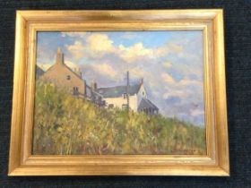 JD Henderson, C20th oil on board, landscape with two cottages, signed and gilt framed. (15.5in x