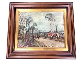 After Camille Pissarro, varnished colour print on canvas, a French country road with house, cart and