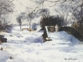 George Thompson, watercolour, winter landscape with figure on bridge, signed, Cheshire labelled