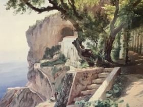 CF Aagaar, colour print, view of the garden of a clifftop monastery overlooking the Mediterranean,