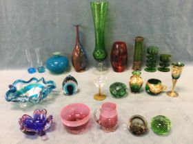 A collection of coloured glass - a Kosta Boda vase by Kjell Engman, signed and numbered, a Mdina