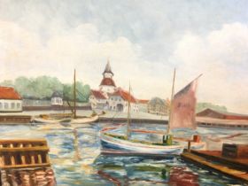 C20th oil on canvas, European harbour scene with boats tied up - possibly Holland coastal port,