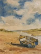 Michael Ewart, oil on canvas, coastal beach view with boat by stream, signed & framed. (11.5in x