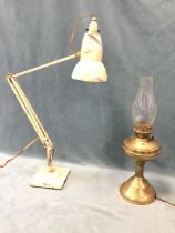 A Herbert Terry anglepoise desk lamp, with cloche shade and square base; and brass electric