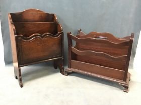 A carved oak Titmarsh & Goodwin twin magazine rack with arched back on shaped feet, the front
