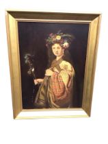 Richard R Sowerby, oil on canvas, a young woman wearing garland of flowers, with floral wand, titled