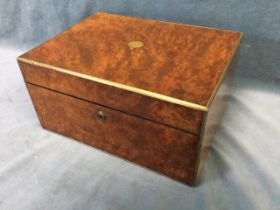 A Victorian brass bound burr walnut vanity box by Fisher, 188 Strand - London, the rectangular top