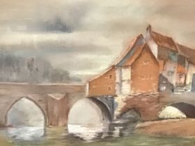 H Fell, pastel, a view of Old Elvet bridge in Durham, mounted & framed. (9.75in x 7.5in)