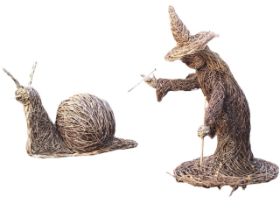 Two woven willow sculptures - a snail and a witch. (2)