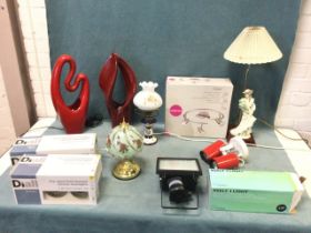 Miscellaneous contemporary tablelamps, spotlights, boxed pairs of downlights, a boxed Inseki ceiling