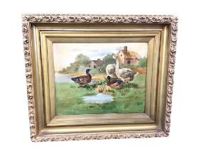 Victorian oil on canvas, geese, ducks and ducklings by a pond with farm buildings in the background,