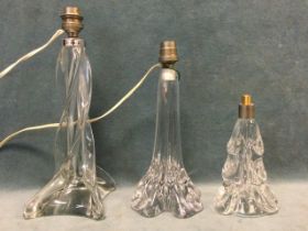 A french glass tablelamp of twisted form with square base; another blown lamp, having tapered