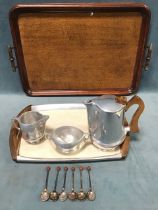 A Piquot Ware cast aluminium coffee set on tray, with coffee pot, cream & sugar; a set of six EPNS