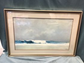 Doutreleau, coloured print, beach seascape with choppy waves, signed in print, mounted & framed. (