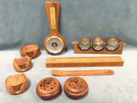 Miscellaneous treen - 1970s walnut desk weather station with hemispherical thermometer, barometer