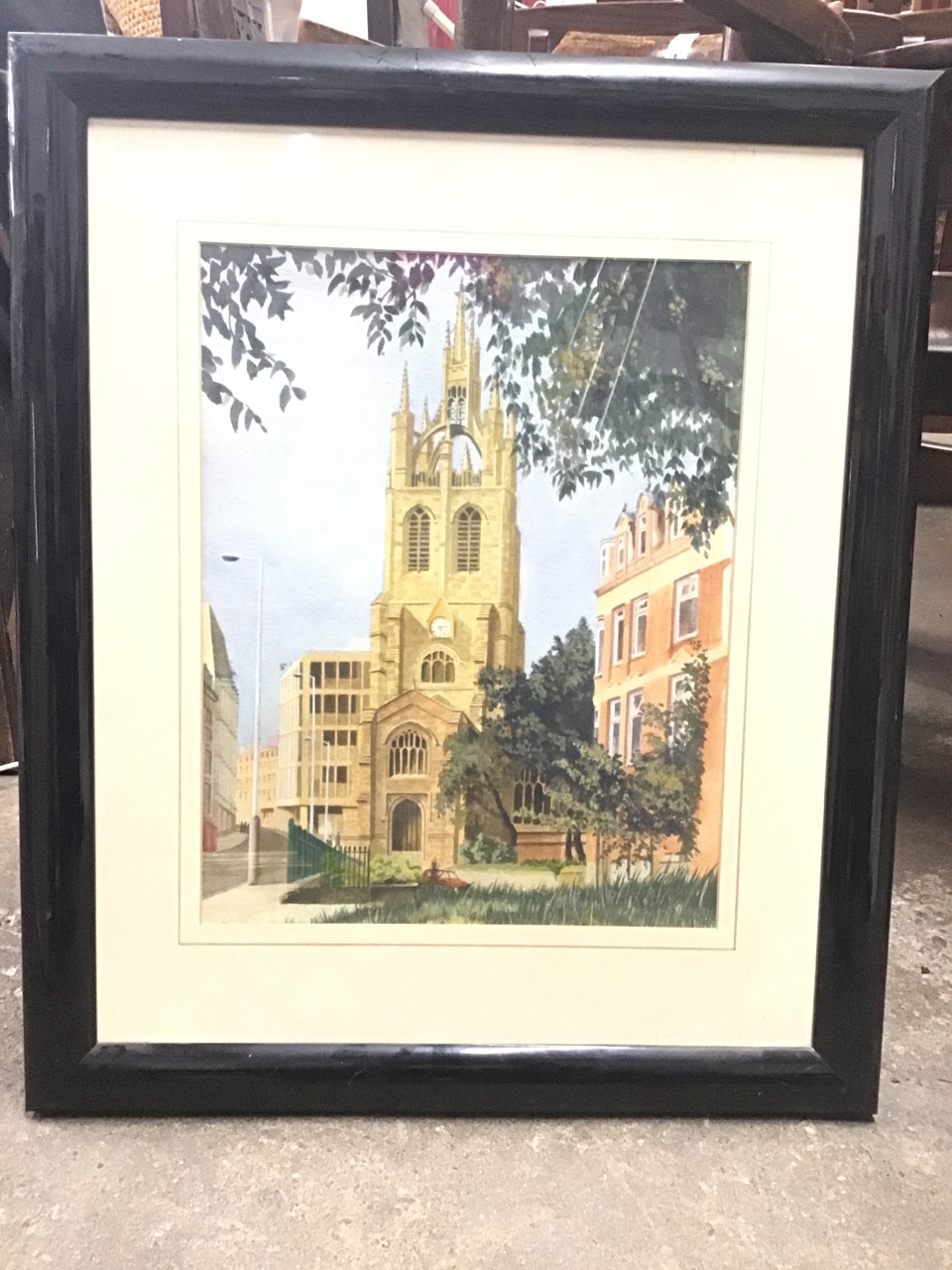 C20th watercolour, Newcastle cityscape with St Nicholas cathedral unsigned, mounted & framed. (13. - Bild 2 aus 3