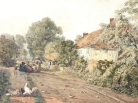 J Cristall, nineteenth century watercolour, village street scene with figures and chickens,