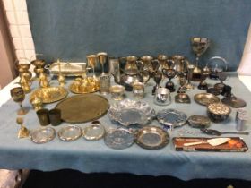 Miscellaneous silver plate & brass - tankards, trophy cups, coasters, trays, a Victorian teapot, a
