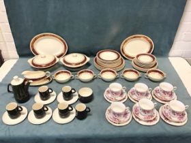 A 1960s Carlton Ware coffee set; a John Maddock & Sons maroon & gilt bordered dinner service; and