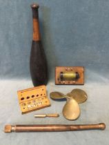 A cast bronze three-blade propellor; a beech handled brass coring tool; a steel bookbinders tool