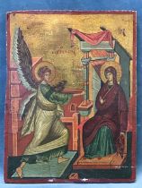 C20th tempera on wood panel, a Byzantine gold ground icon depicting the Annunciation, the angel