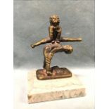 Bronze, sculpture with two boys playing leapfrog, mounted on a square moulded green veined marble
