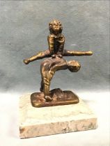 Bronze, sculpture with two boys playing leapfrog, mounted on a square moulded green veined marble