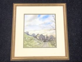 H Baxter, watercolour, a dales farmhouse in winter landscape, signed, mounted & gilt framed. (10in x
