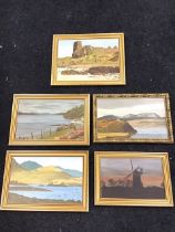 JA Harmer, five oils on boards - a windmill at dusk, a Scottish loch with castle, a loch with a