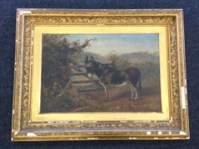 Nineteenth century English school, oil on canvas, study of a donkey by gate in landscape with