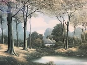LE Forse, lithographic coloured print, lake landscape with trees and thatched cottage, signed in
