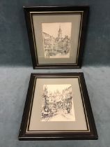 J Urwin, pencil studies of old Newcastle street scenes with figures, a pair, signed & dated, mounted