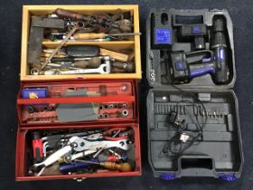 Miscellaneous tools - a cased Nutool drill with charger and spare battery, a toolbox, a cased