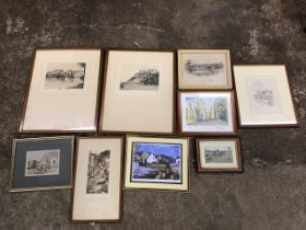 Miscellaneous framed prints including signed etchings of Stirling by EJ Maybery & AJ Meyer, a signed