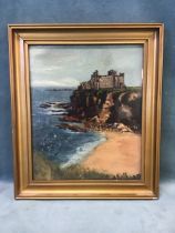 A Bothart, oil on canvasboard, coastal view with Tantallon castle, signed & gilt framed. (9.5in x