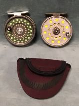 A cased Hardy Marquis 7 fly reel, the 3.5in drum with contemporary line; and a 3.5in Hardy Hydra fly