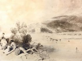 Myles Birket Foster, pencil & watercolour, hilly landscape with a view of Braemar castle, cattle and