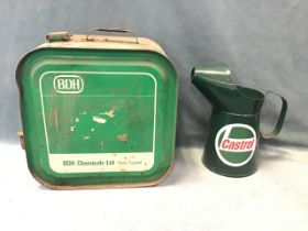 A BDH Chemicals jerry can bearing an acetone label - 15.5in: and a metal Castrol oil jug - 12.