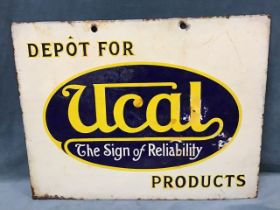 A 1930s double-sided rectangular enamel advertising sign for Ucal automotive products, the panel