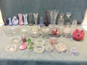 Miscellaneous glass vases, decanters & stoppers, bowls, cut crystal, art glass, paperweights, a