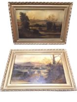 F Rutter, a pair, Victorian oils on canvas, hilly landscape with trees and lake, signed & titled