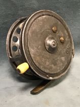 A 1920s Hardys Silex No 2 salmon reel with brass shoe and invorine handles. (4in)