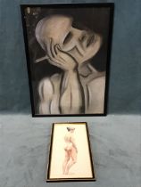 G Denman, pencil & watercolour, study of a standing nude, signed & framed; and a stylised pastel &