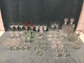 Miscellaneous drinking glasses and decanters, including a pair of spirit decanters, hock, wine,