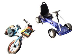 A childs go-kart type four-wheel pedal car; and a childrens Apollo bicycle - the Monsterz model. (