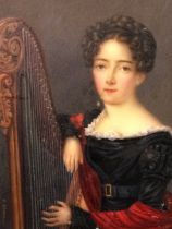 V Blom, nineteenth century miniature European waist portrait of a seated young lady with harp, in